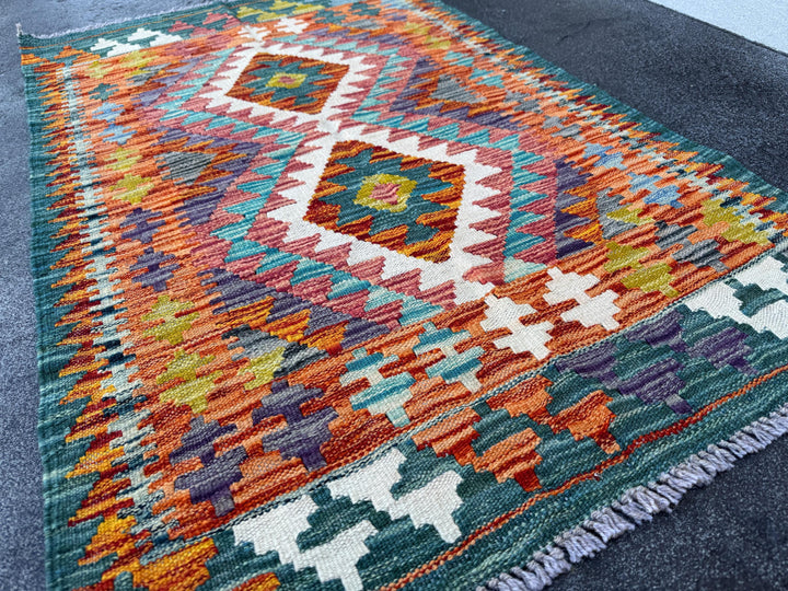 3x4 Handmade Afghan Kilim Rug | Burnt Orange Rust Red Cream White Mustard Yellow Olive Green Teal Aqua Blue Navy Purple Grey | Flatwoven