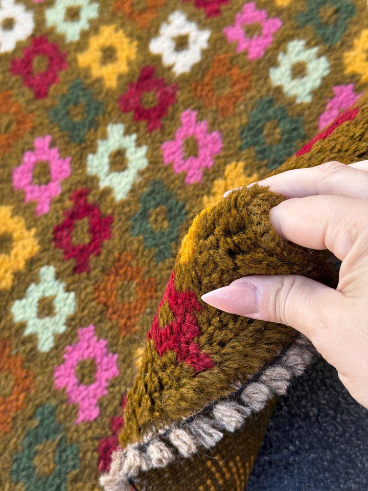 3x10 Handmade Vintage Afghan Baluch Runner Rug | Chocolate Brown Rose Pink Cream White Rust Orange Brick Red Mint Pine Green Mustard Gold