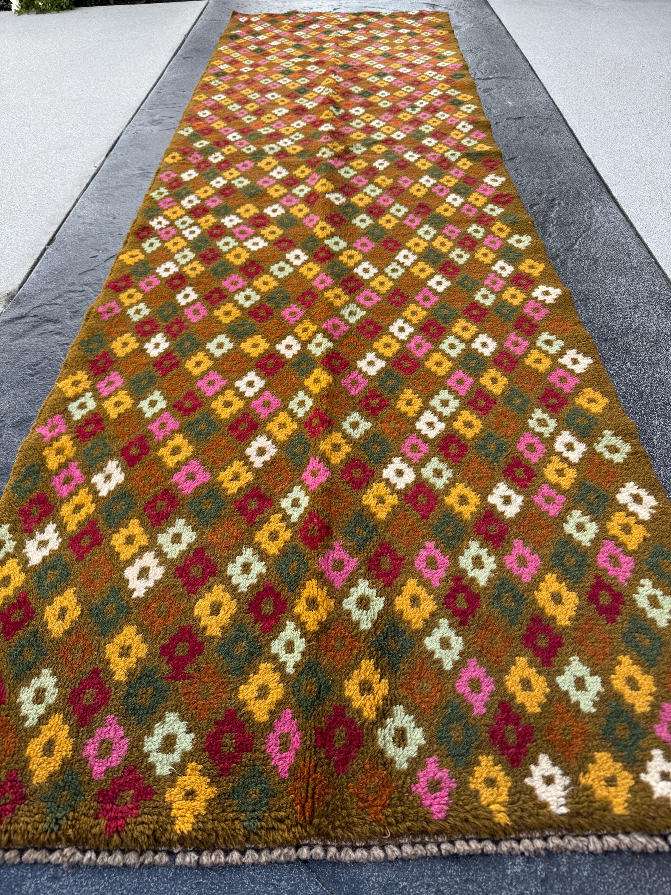 3x10 Handmade Vintage Afghan Baluch Runner Rug | Chocolate Brown Rose Pink Cream White Rust Orange Brick Red Mint Pine Green Mustard Gold