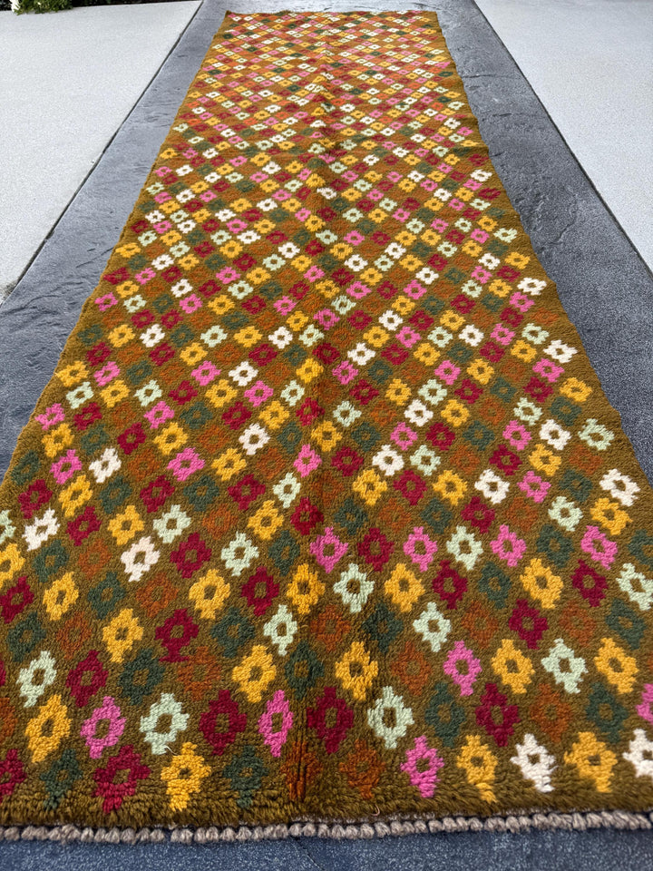 3x10 Handmade Vintage Afghan Baluch Runner Rug | Chocolate Brown Rose Pink Cream White Rust Orange Brick Red Mint Pine Green Mustard Gold