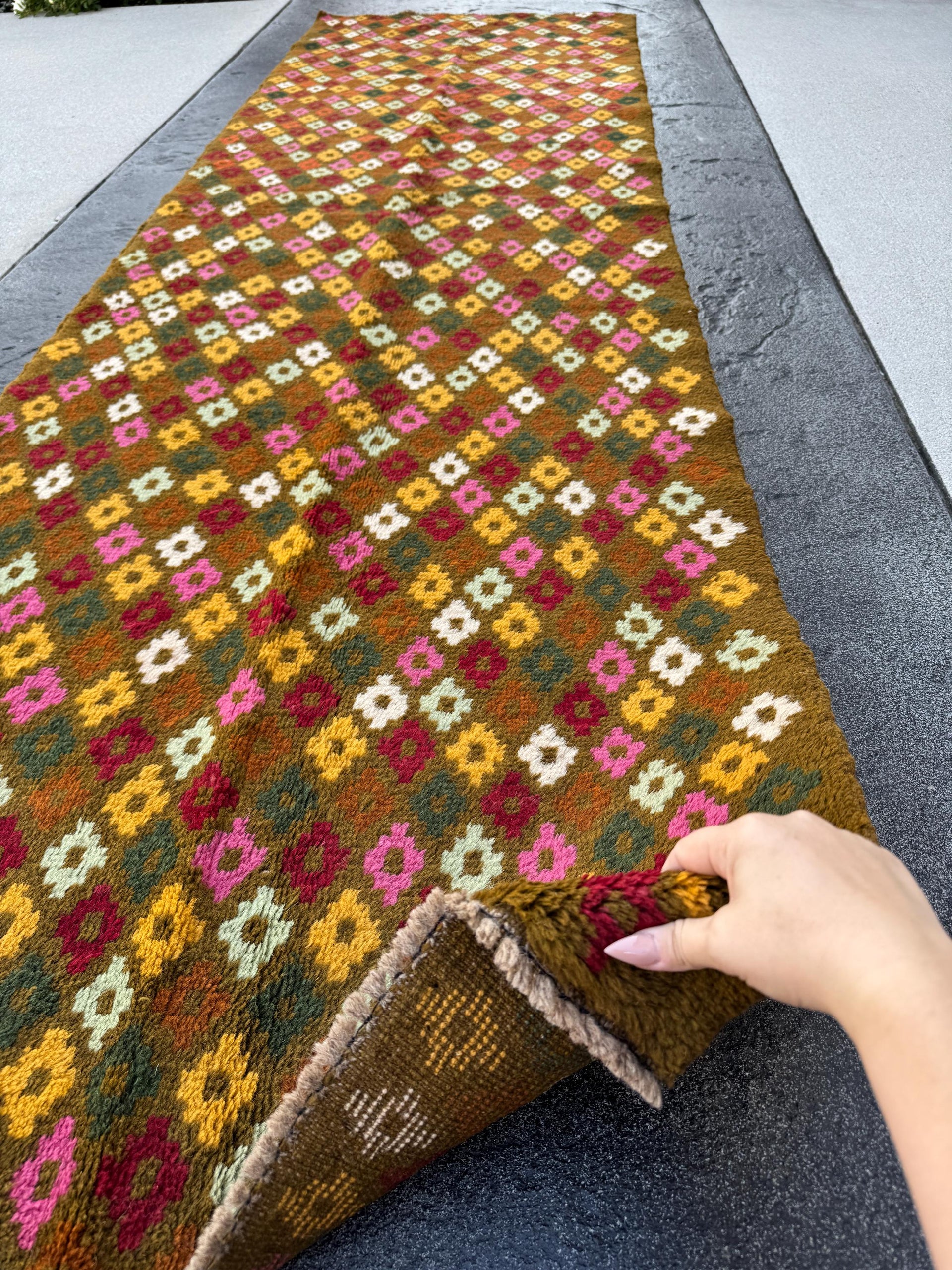 3x10 Handmade Vintage Afghan Baluch Runner Rug | Chocolate Brown Rose Pink Cream White Rust Orange Brick Red Mint Pine Green Mustard Gold