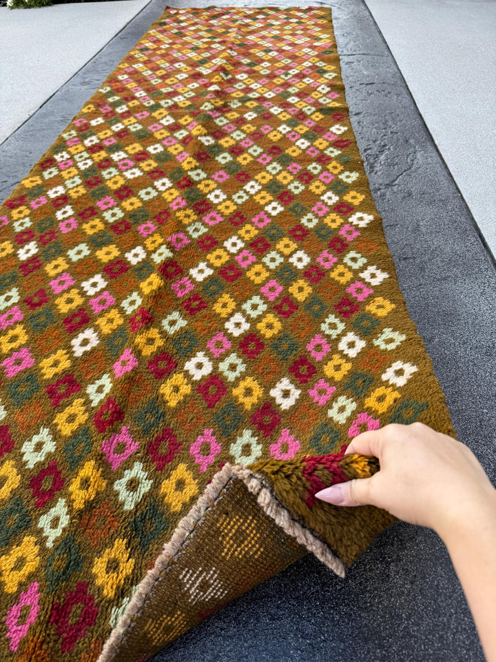 3x10 Handmade Vintage Afghan Baluch Runner Rug | Chocolate Brown Rose Pink Cream White Rust Orange Brick Red Mint Pine Green Mustard Gold