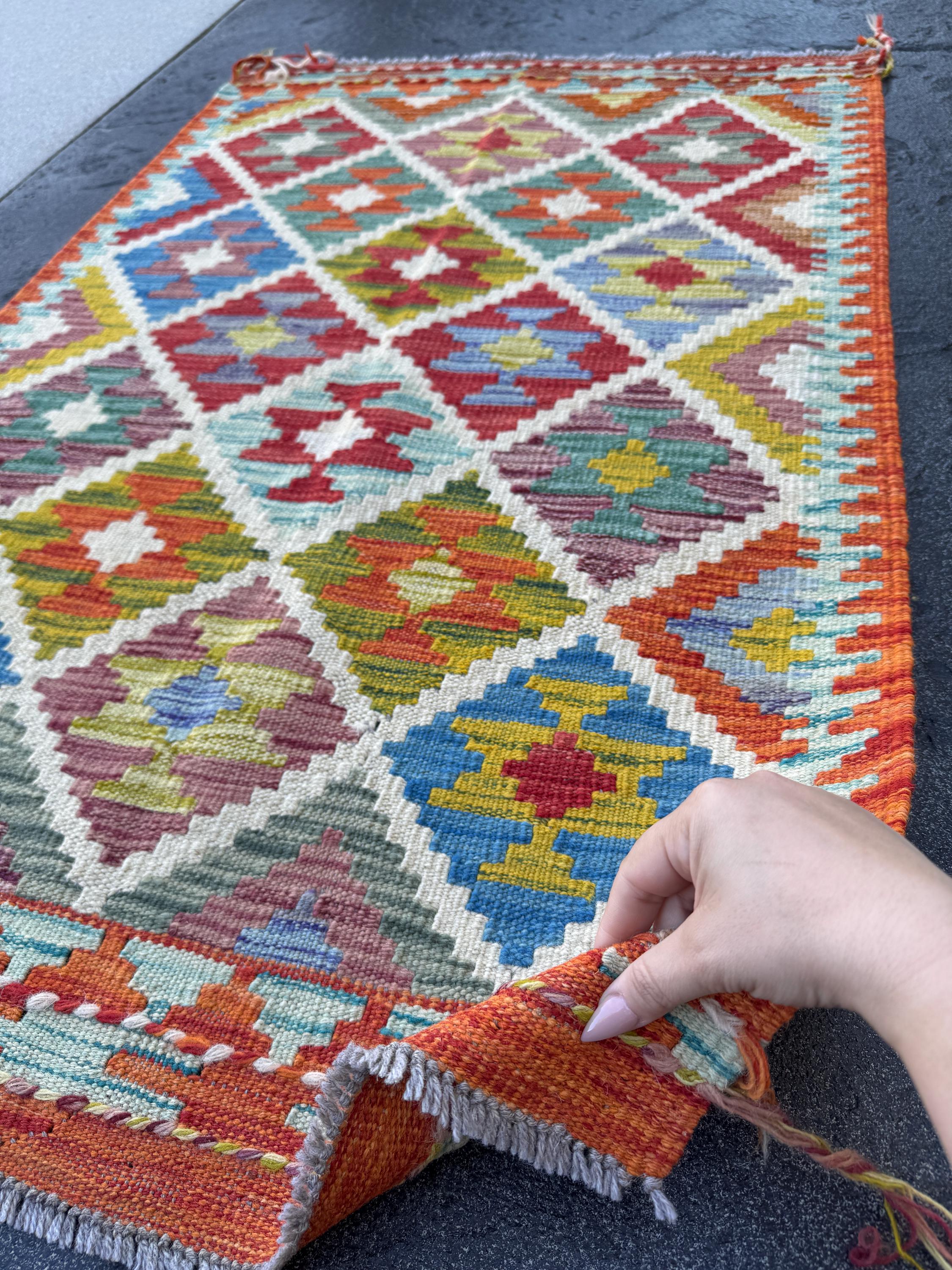 3x4 Handmade Afghan Kilim Rug | Rust Red Burnt Orange Cream White Mustard Yellow Olive Green Teal Aqua Blue Navy Purple Grey | Flatwoven