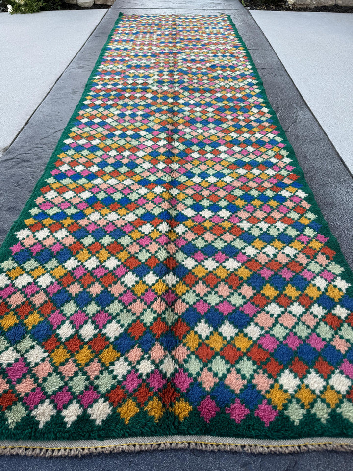 3x10 (90x305) Handmade Vintage Afghan Baluch Runner Rug | Forest Mint Green Rose Salmon Pink Burnt Orange Mustard Cream White Blue | Wool
