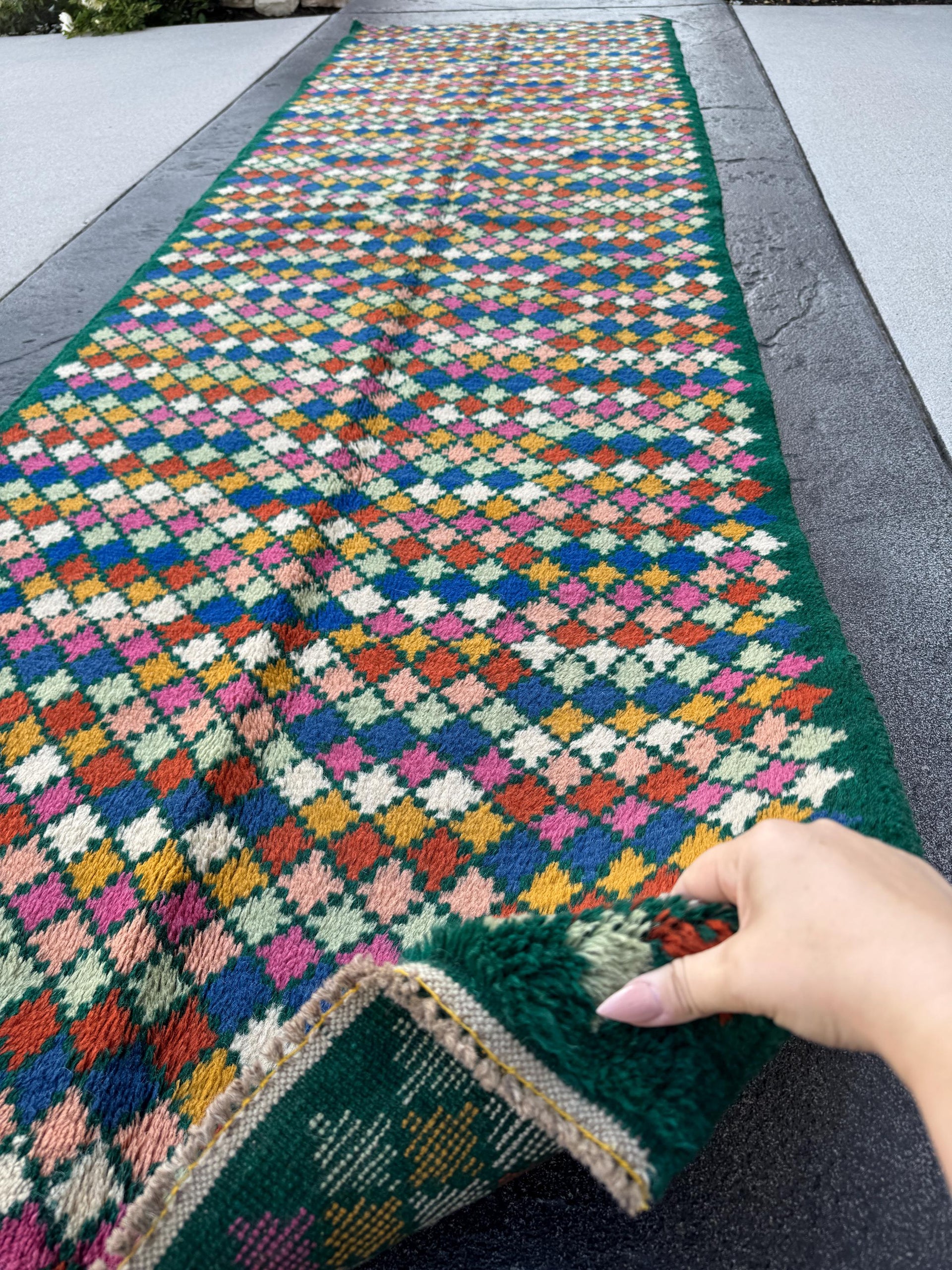 3x10 (90x305) Handmade Vintage Afghan Baluch Runner Rug | Forest Mint Green Rose Salmon Pink Burnt Orange Mustard Cream White Blue | Wool