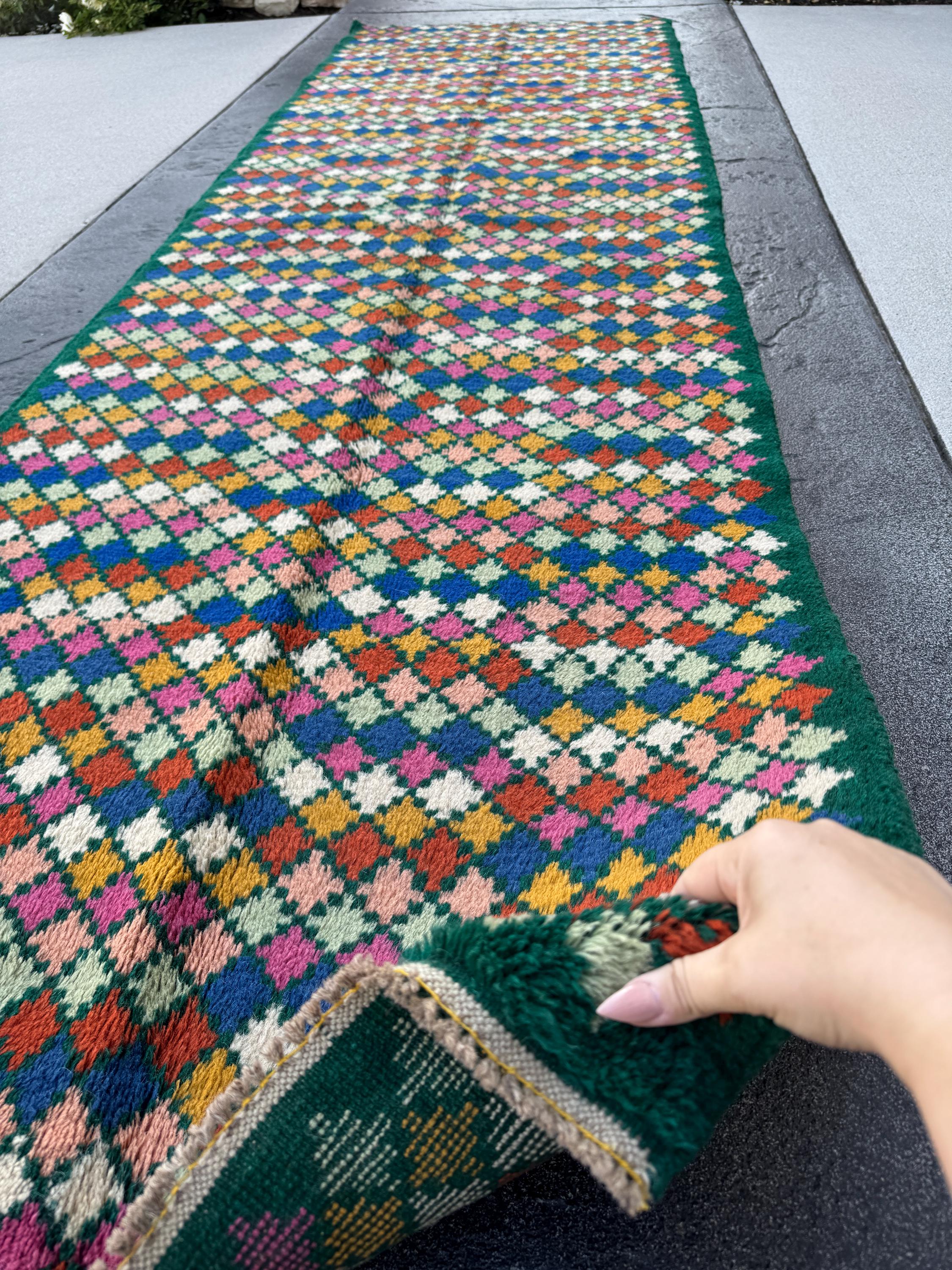 3x10 (90x305) Handmade Vintage Afghan Baluch Runner Rug | Forest Mint Green Rose Salmon Pink Burnt Orange Mustard Cream White Blue | Wool
