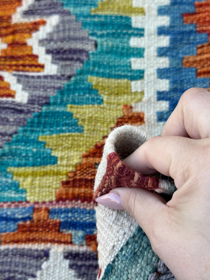 3x4 Handmade Afghan Kilim Rug | Teal Burnt Orange Mustard Yellow Cream White Rust Red Olive Green Aqua Blue Purple Grey | Wool Flatwoven