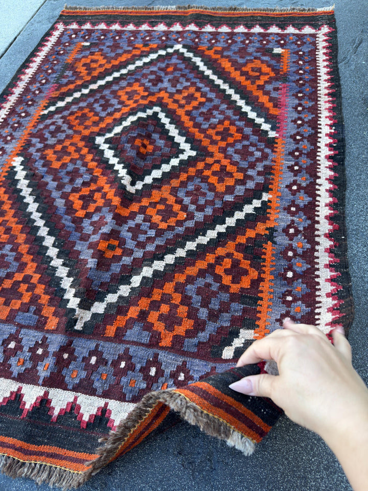 3x4 Handmade Afghan Kilim Rug | Burnt Orange Rust Red Burgundy Purple Blue Grey Black Cream White Pink | Wool Flatwoven