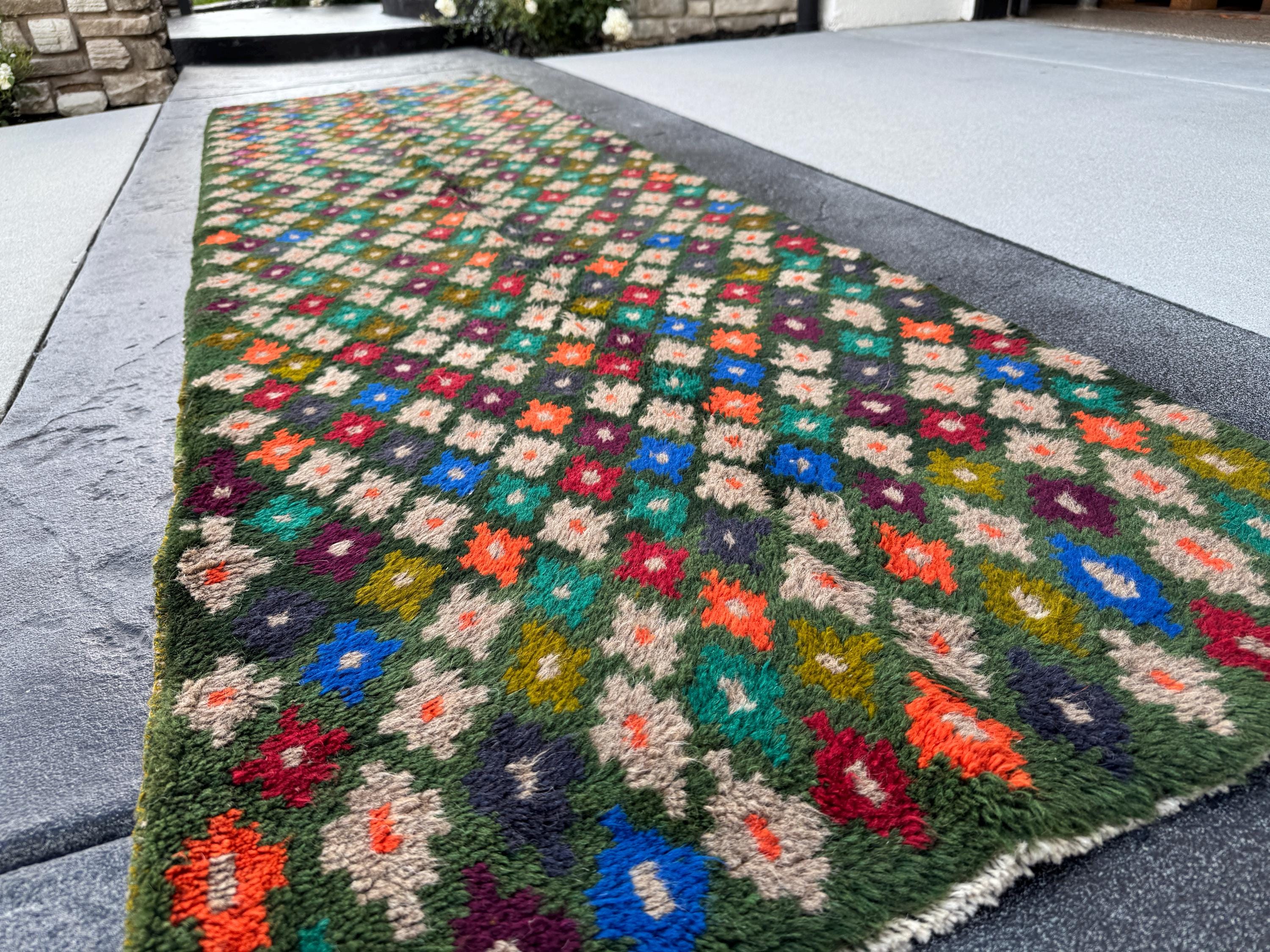 3x10 (90x305) Handmade Vintage Afghan Baluch Runner Rug | Forest Pine Olive Green Orange Charcoal Grey Maroon Blue | Wool Flatwoven