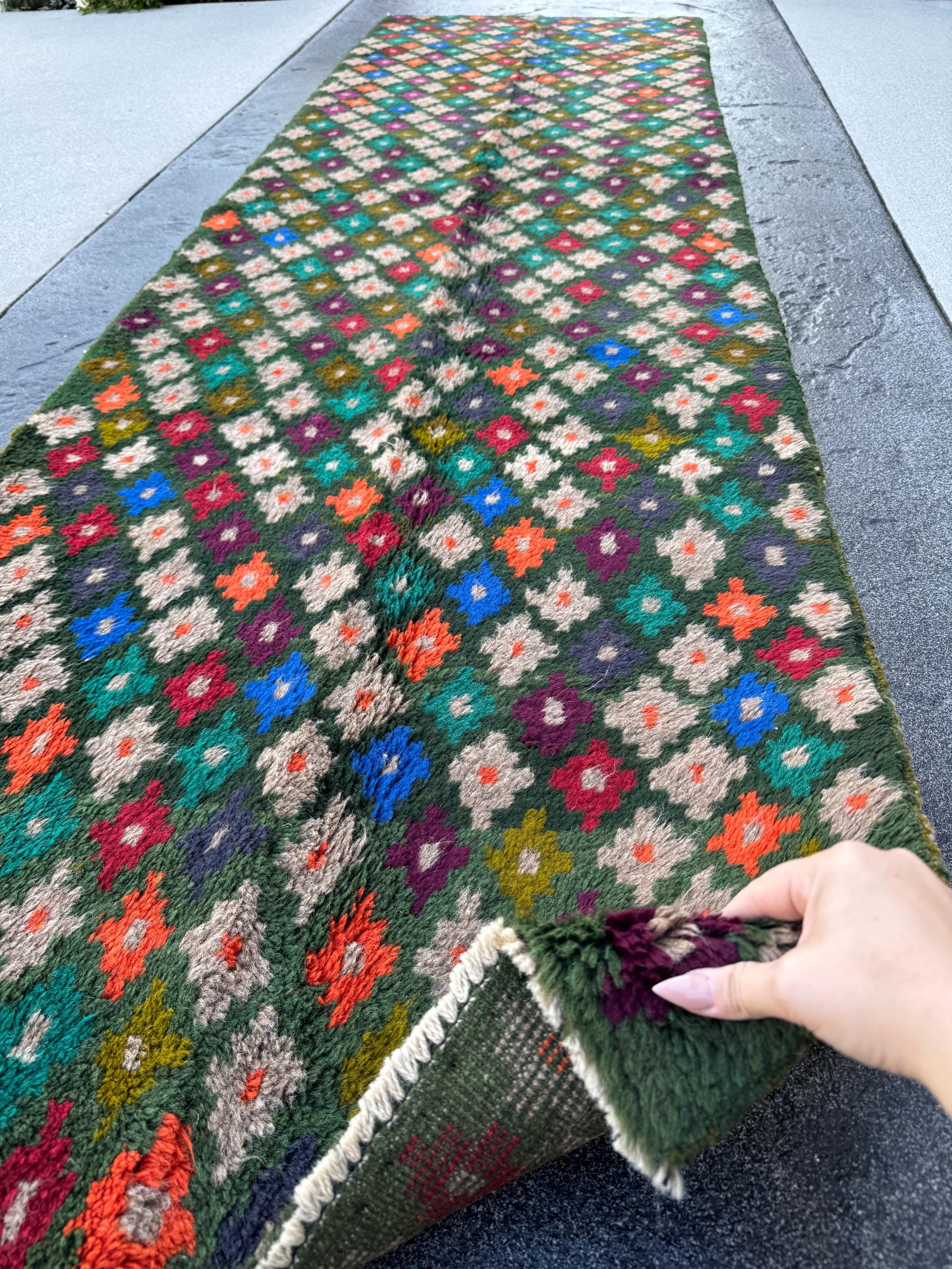 3x10 (90x305) Handmade Vintage Afghan Baluch Runner Rug | Forest Pine Olive Green Orange Charcoal Grey Maroon Blue | Wool Flatwoven