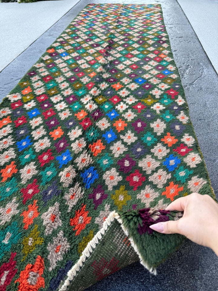 3x10 (90x305) Handmade Vintage Afghan Baluch Runner Rug | Forest Pine Olive Green Orange Charcoal Grey Maroon Blue | Wool Flatwoven