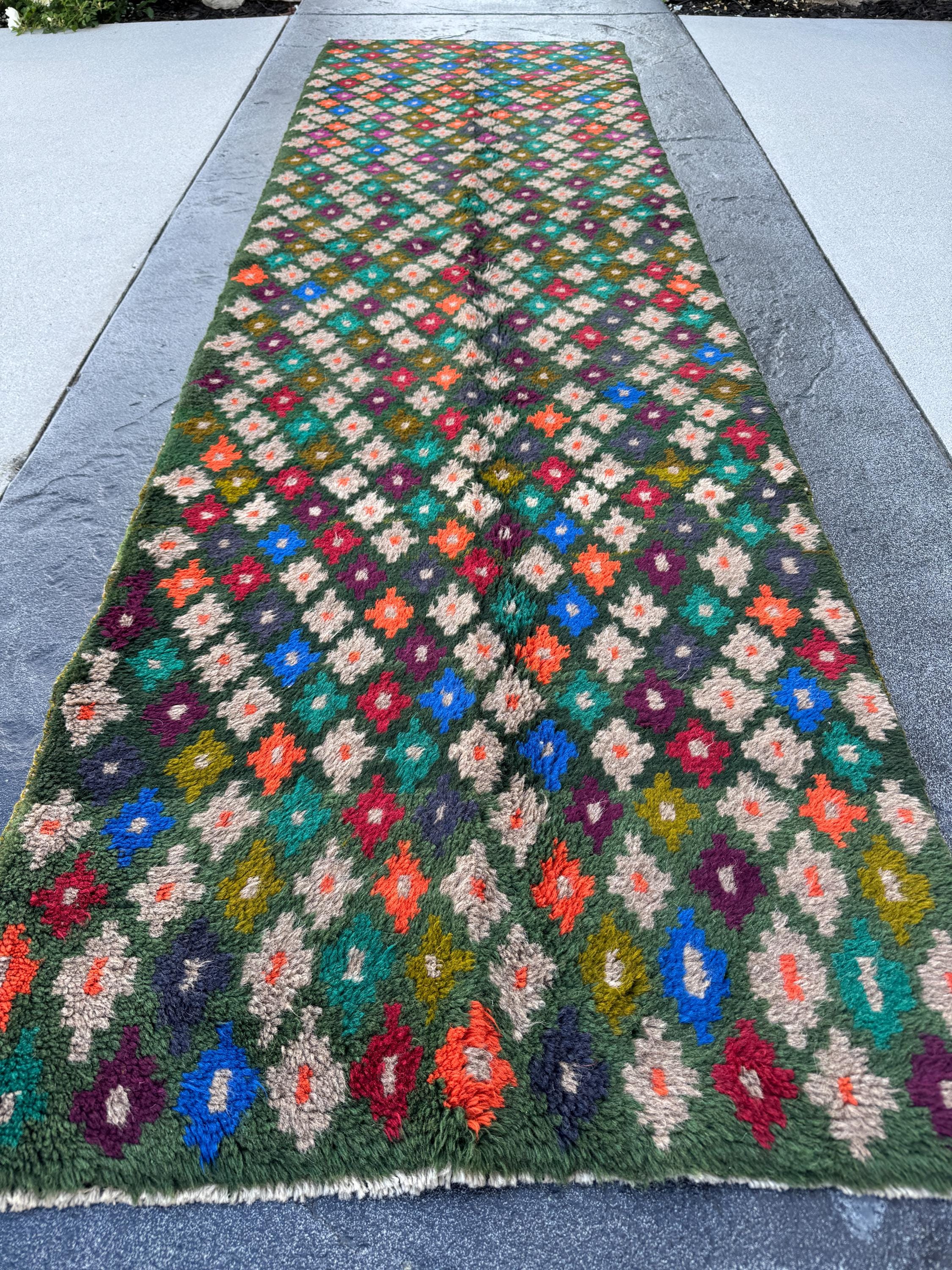 3x10 (90x305) Handmade Vintage Afghan Baluch Runner Rug | Forest Pine Olive Green Orange Charcoal Grey Maroon Blue | Wool Flatwoven