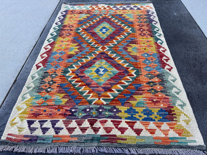 3x5 (91x152) Handmade Afghan Kilim Rug | Rust Red Burnt Orange Mustard Yellow Olive Green Teal Aqua Blue Navy Purple Cream White Grey | Wool