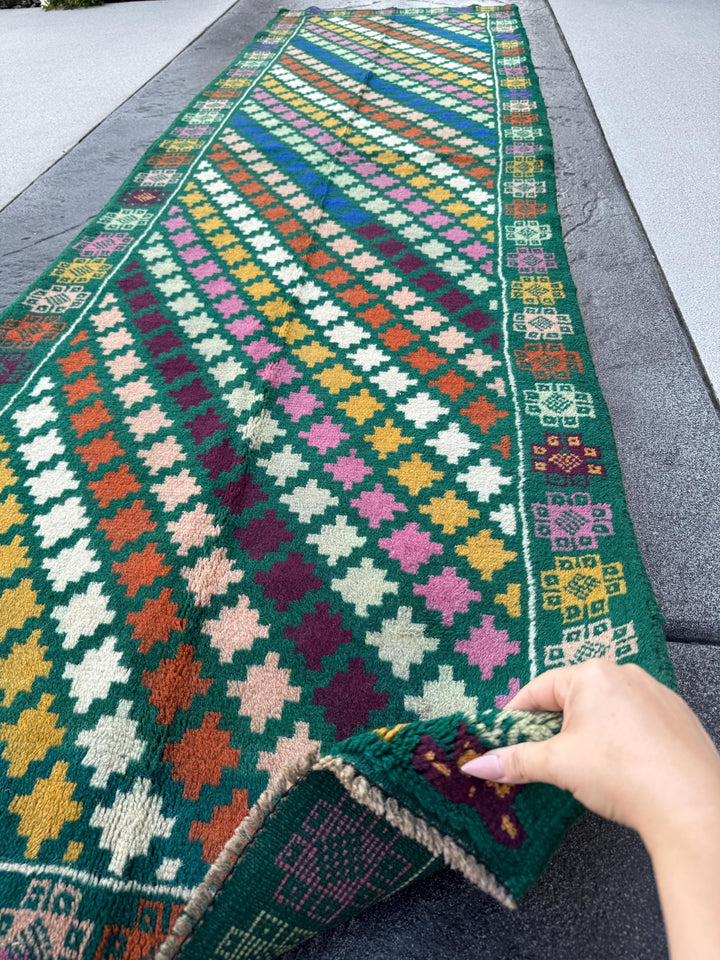 3x10 (90x305) Handmade Vintage Afghan Baluch Runner Rug | Forest Pine Mint Green Copper Brown Rose Salmon Pink Cream White Mustard Maroon