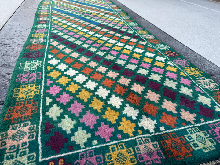 3x10 (90x305) Handmade Vintage Afghan Baluch Runner Rug | Forest Pine Mint Green Copper Brown Rose Salmon Pink Cream White Mustard Maroon