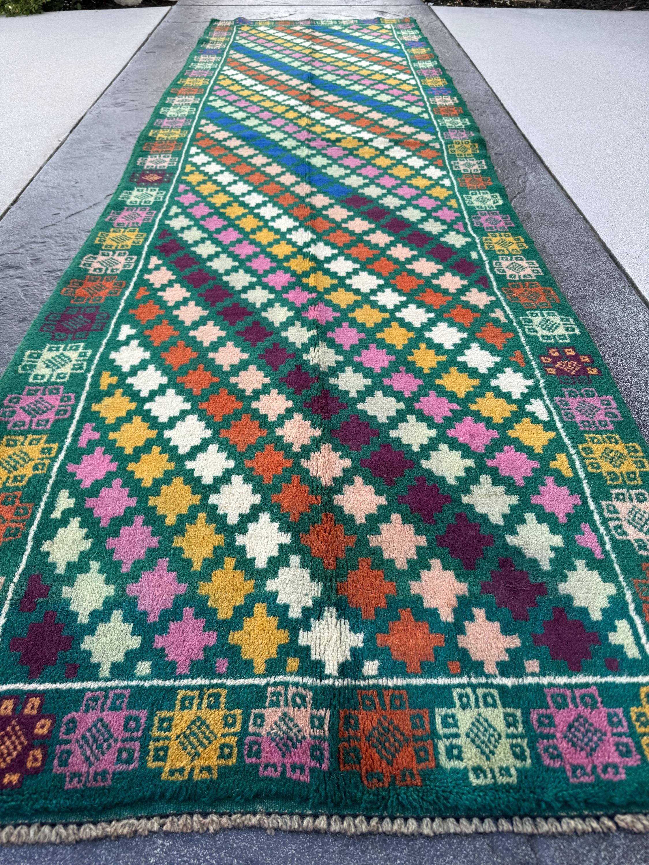 3x10 (90x305) Handmade Vintage Afghan Baluch Runner Rug | Forest Pine Mint Green Copper Brown Rose Salmon Pink Cream White Mustard Maroon