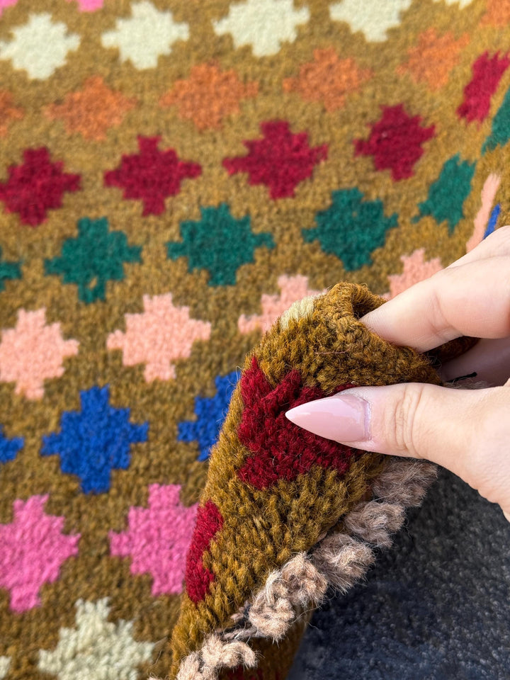 3x10 (90x305) Handmade Vintage Afghan Baluch Runner Rug | Chocolate Brown Forest Pine Mint Cream Beige Brick Red Copper Rose Salmon Blue