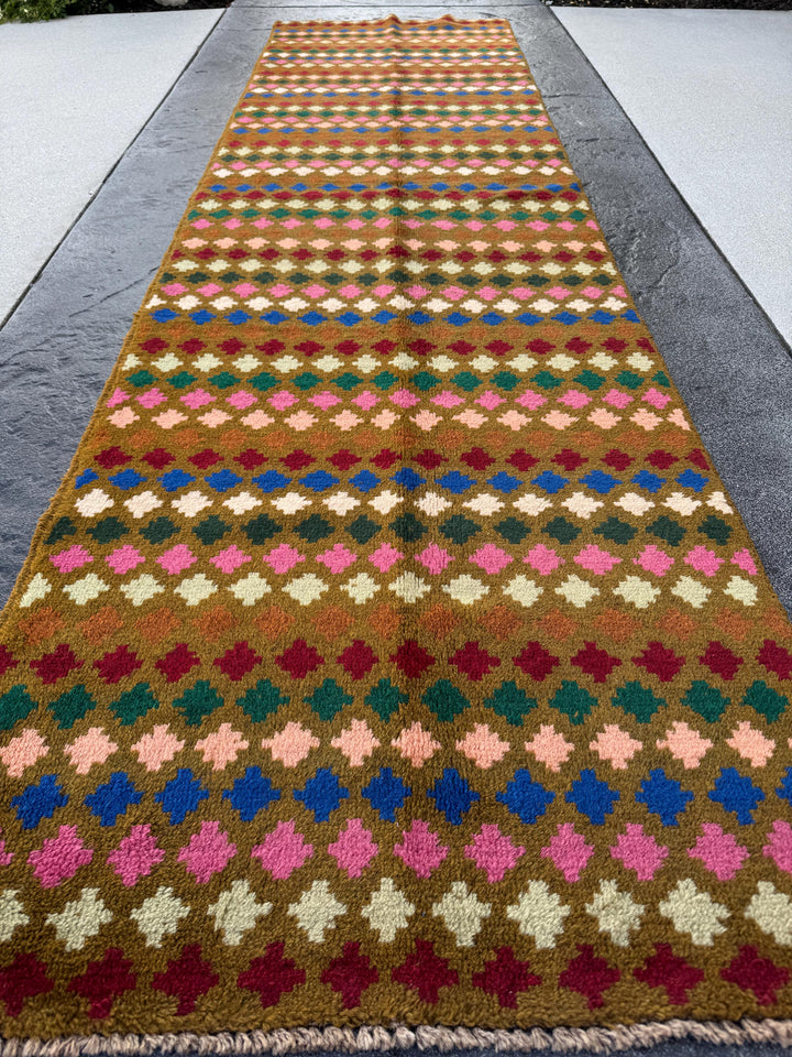 3x10 (90x305) Handmade Vintage Afghan Baluch Runner Rug | Chocolate Brown Forest Pine Mint Cream Beige Brick Red Copper Rose Salmon Blue