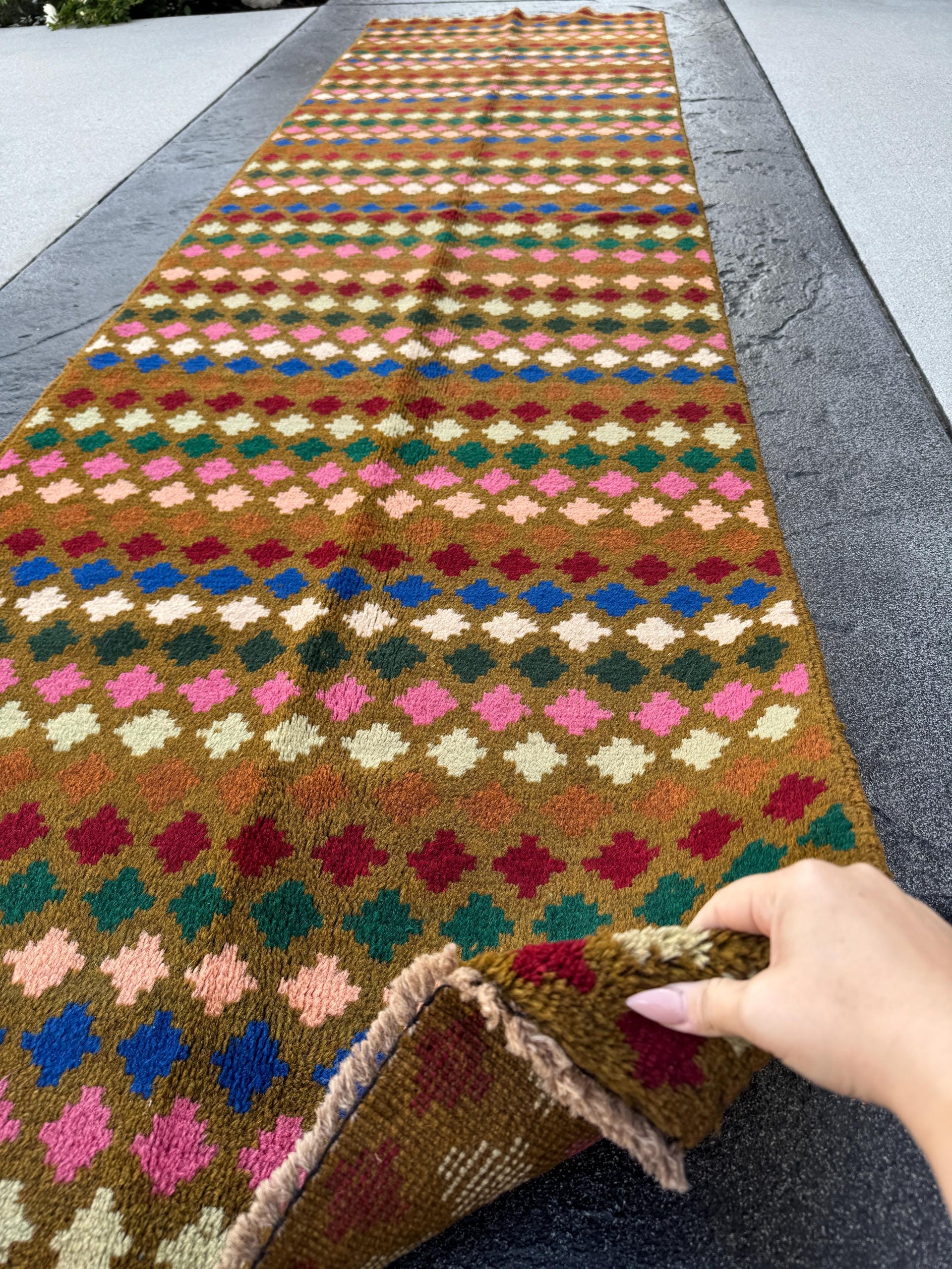 3x10 (90x305) Handmade Vintage Afghan Baluch Runner Rug | Chocolate Brown Forest Pine Mint Cream Beige Brick Red Copper Rose Salmon Blue