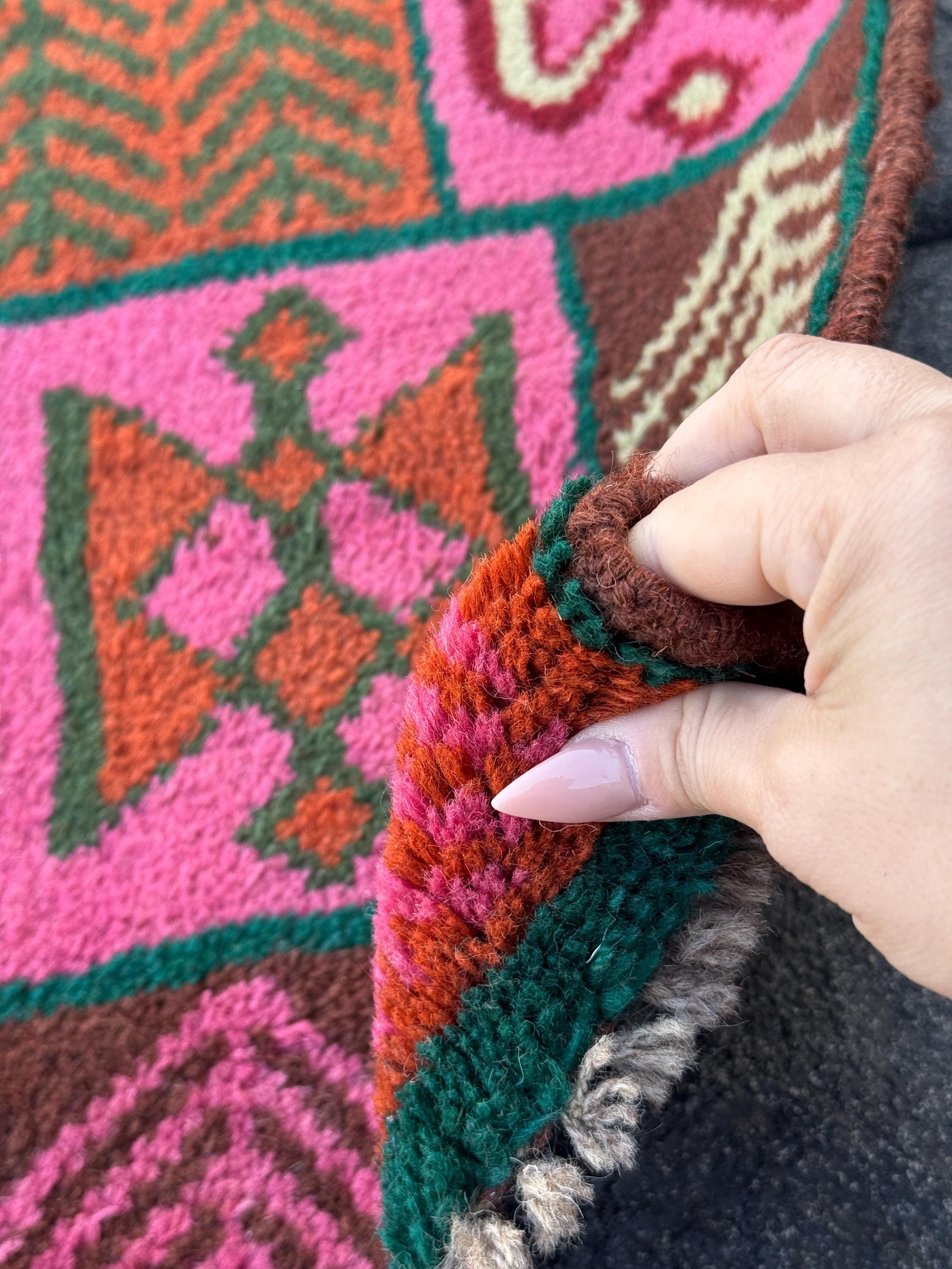 3x10 (90x305) Handmade Vintage Afghan Baluch Runner Rug | Forest Green Brick Red Burnt Orange Cream Beige Maroon Rose Pink | Wool Flatwoven