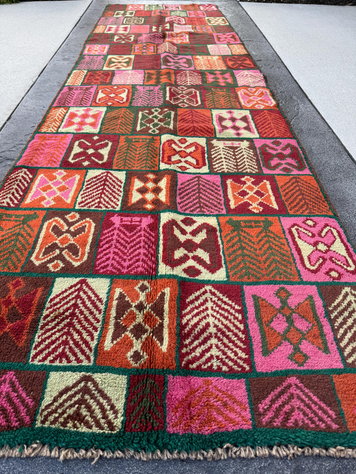 3x10 (90x305) Handmade Vintage Afghan Baluch Runner Rug | Forest Green Brick Red Burnt Orange Cream Beige Maroon Rose Pink | Wool Flatwoven