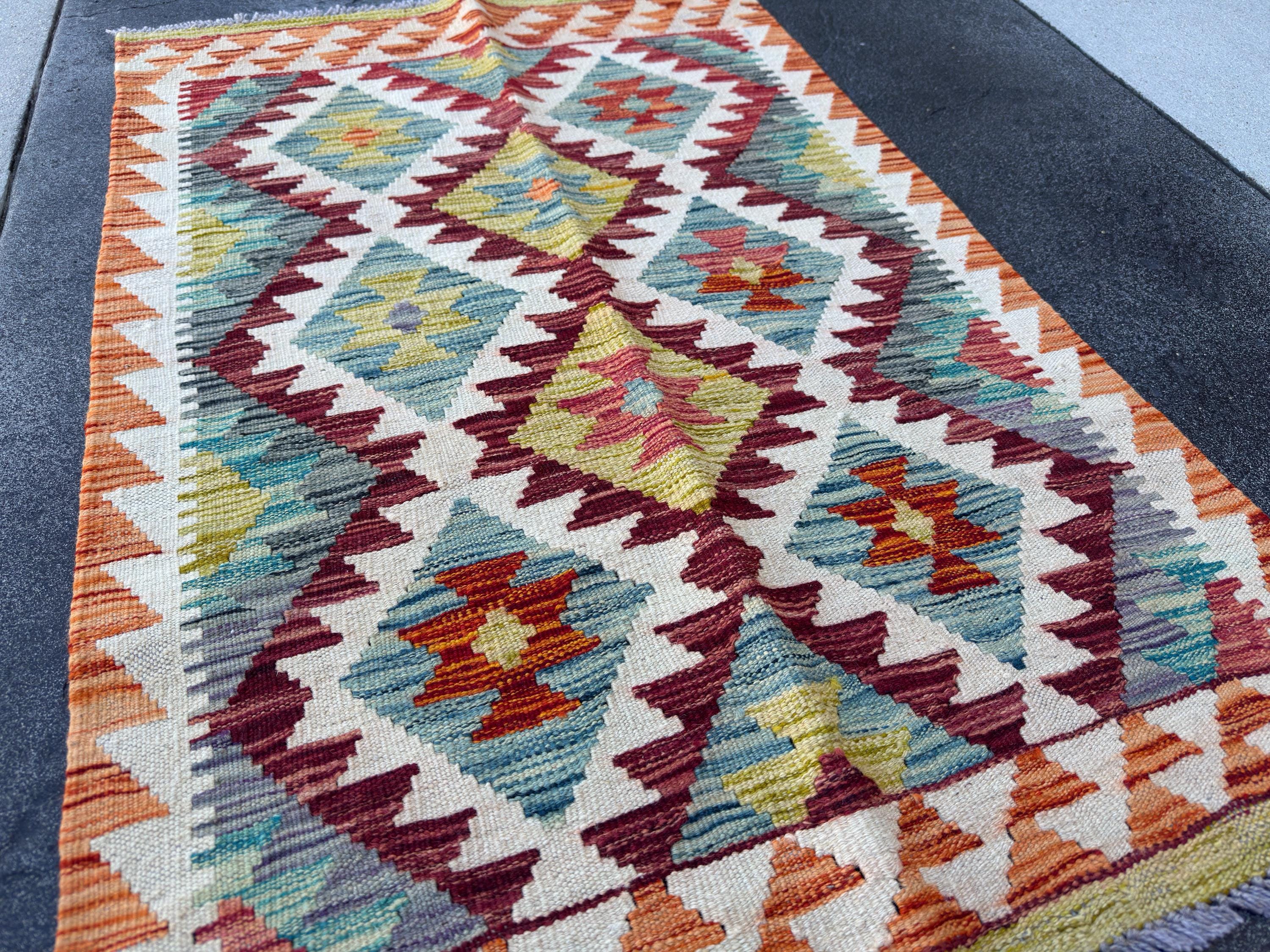 3x4 Handmade Afghan Kilim Rug | Burgundy Rust Red Burnt Orange Cream White Mustard Yellow Teal Aqua Blue Olive Green Grey Purple | Wool