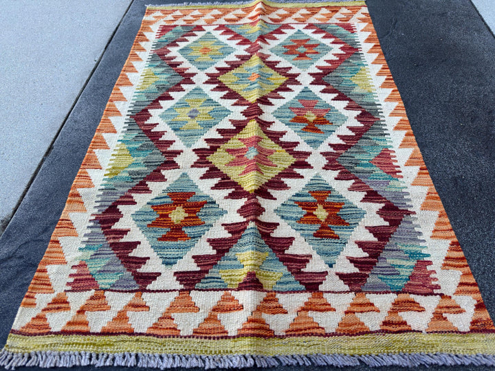 3x4 Handmade Afghan Kilim Rug | Burgundy Rust Red Burnt Orange Cream White Mustard Yellow Teal Aqua Blue Olive Green Grey Purple | Wool