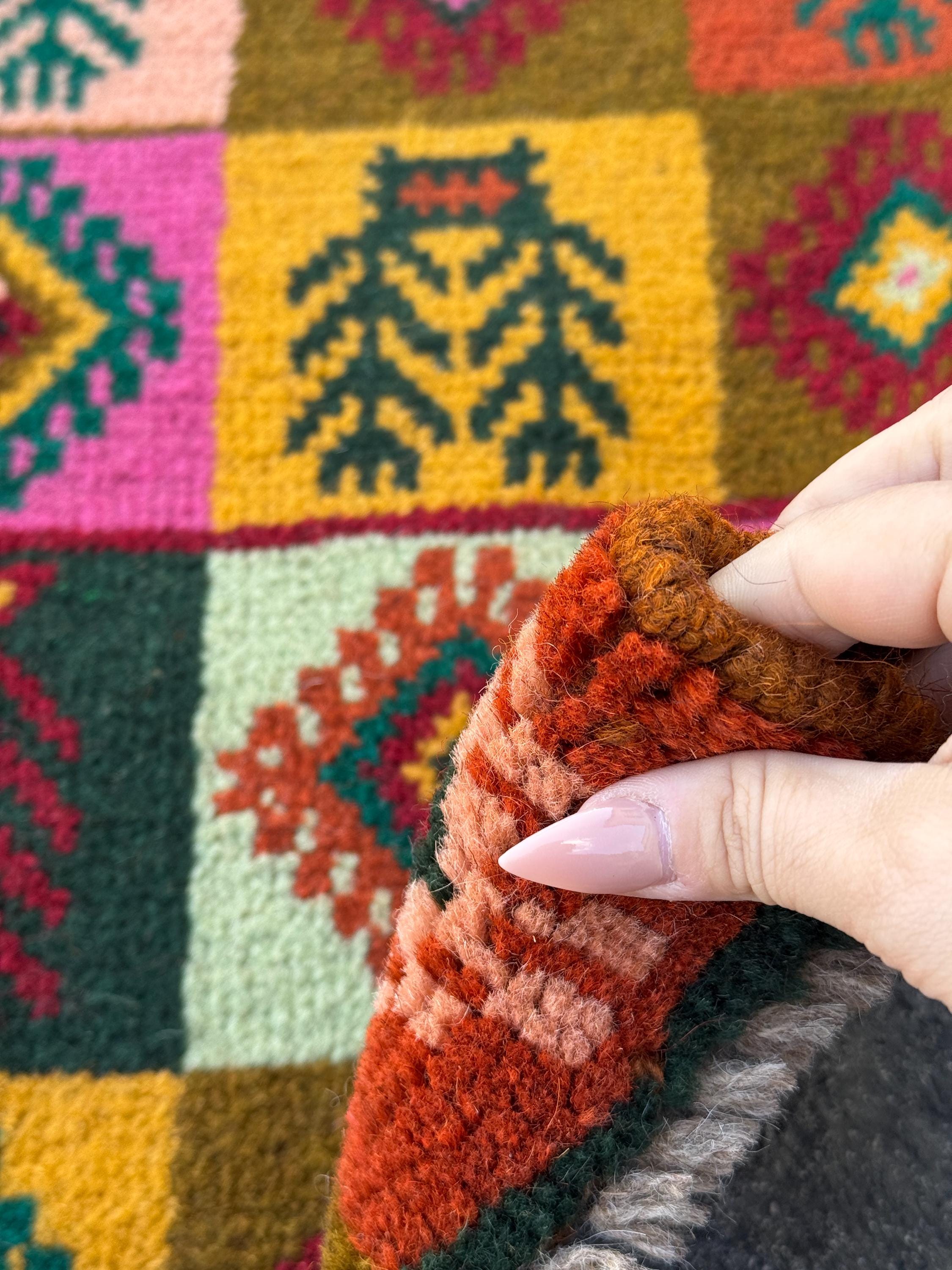3x10 Handmade Vintage Afghan Baluch Runner Rug | Burnt Orange Chocolate Brown Brick Red Rose Salmon Pink Forest Green Mustard Gold | Wool