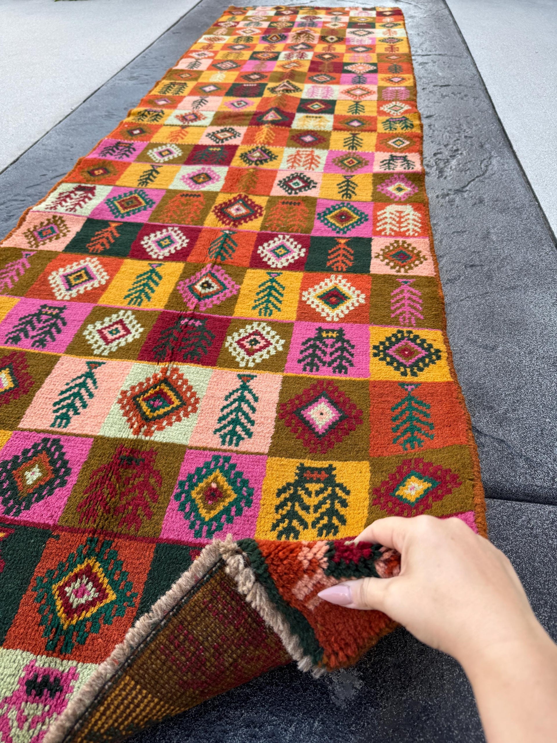 3x10 Handmade Vintage Afghan Baluch Runner Rug | Burnt Orange Chocolate Brown Brick Red Rose Salmon Pink Forest Green Mustard Gold | Wool