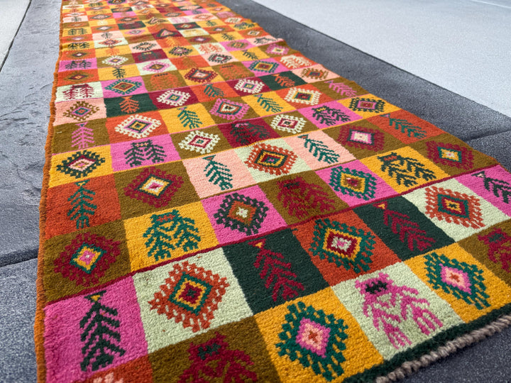 3x10 Handmade Vintage Afghan Baluch Runner Rug | Burnt Orange Chocolate Brown Brick Red Rose Salmon Pink Forest Green Mustard Gold | Wool