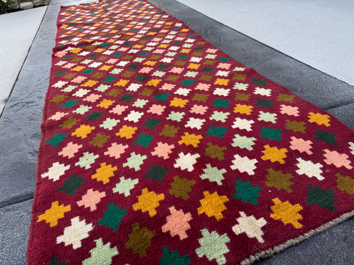 3x10 Handmade Vintage Afghan Baluch Runner Rug | Brick Red Chocolate Brown Cream White Mint Forest Pine Green Mustard Gold Yellow Salmon