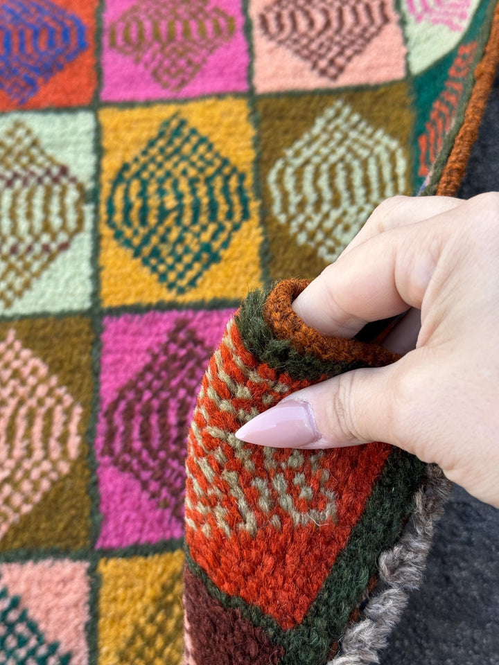 3x10 Handmade Vintage Afghan Baluch Runner Rug | Forest Pine Green Rose Salmon Pink Copper Chocolate Brown Brick Red Burnt Orange Mustard