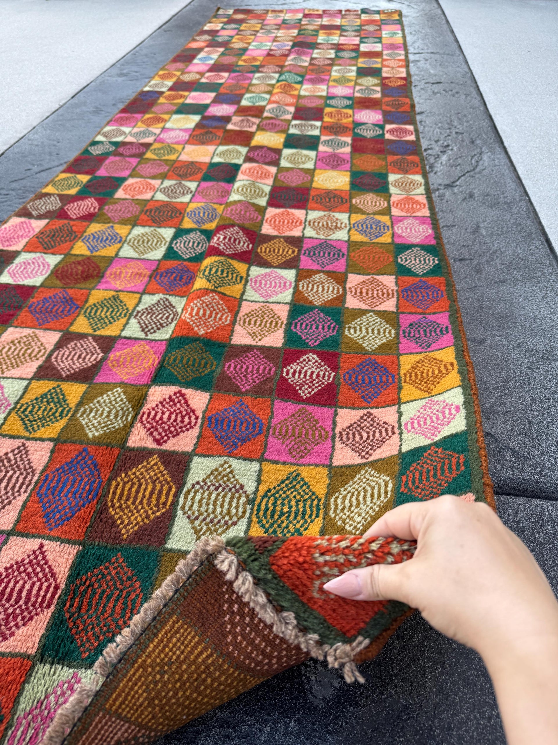 3x10 Handmade Vintage Afghan Baluch Runner Rug | Forest Pine Green Rose Salmon Pink Copper Chocolate Brown Brick Red Burnt Orange Mustard