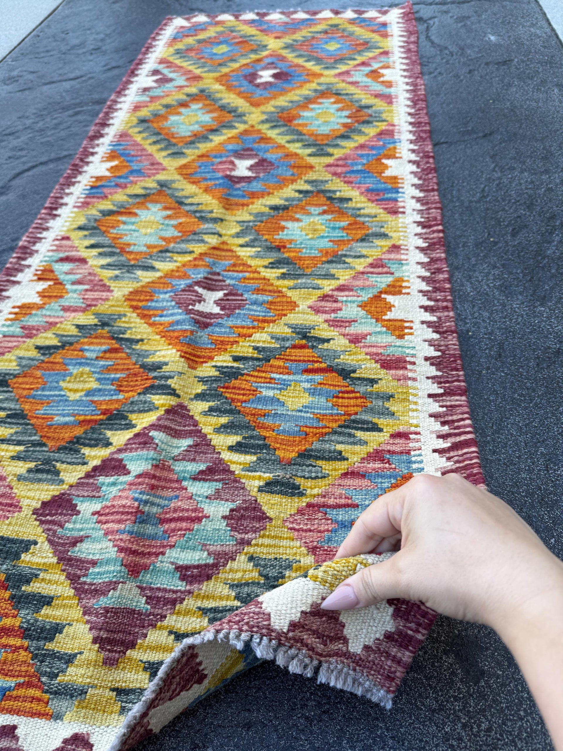2x5 Handmade Afghan Kilim Runner Rug | Mustard Yellow Rust Red Burnt Orange Cream White Olive Green Teal Aqua Blue Navy Purple Grey | Wool