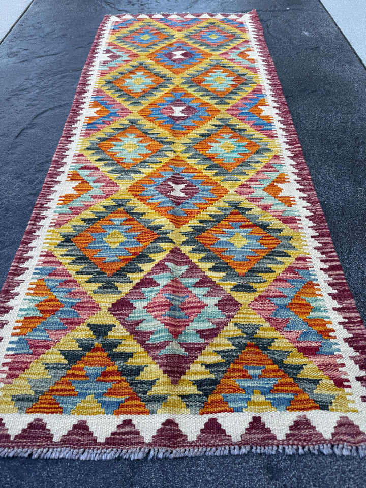 2x5 Handmade Afghan Kilim Runner Rug | Mustard Yellow Rust Red Burnt Orange Cream White Olive Green Teal Aqua Blue Navy Purple Grey | Wool