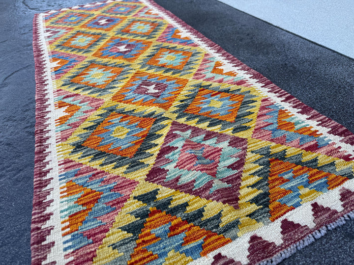 2x5 Handmade Afghan Kilim Runner Rug | Mustard Yellow Rust Red Burnt Orange Cream White Olive Green Teal Aqua Blue Navy Purple Grey | Wool