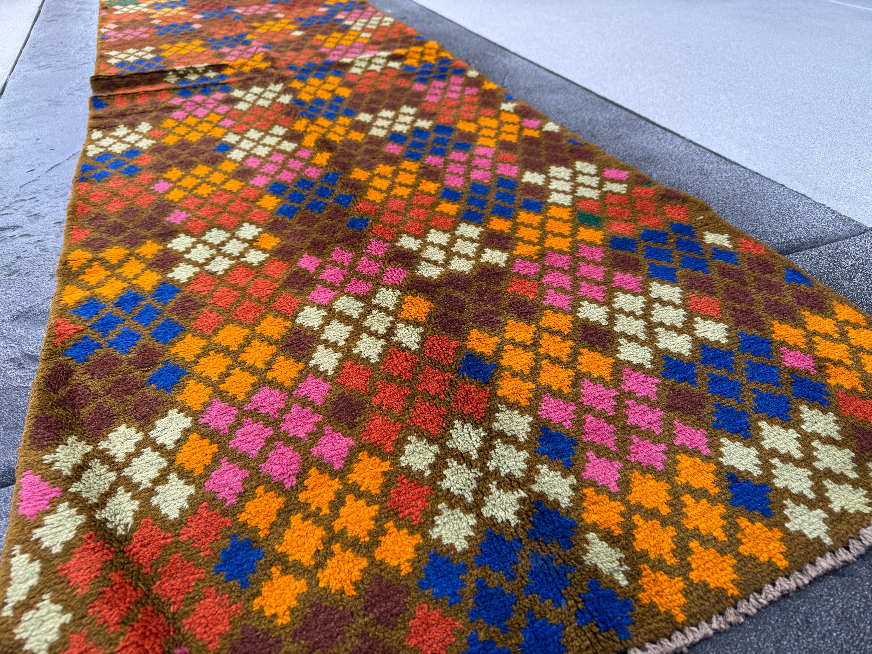 3x10 (90x305) Handmade Vintage Afghan Baluch Runner Rug | Chocolate Coffee Brown Mint Green Burnt Orange Blue Rose Pink | Wool Flatwoven