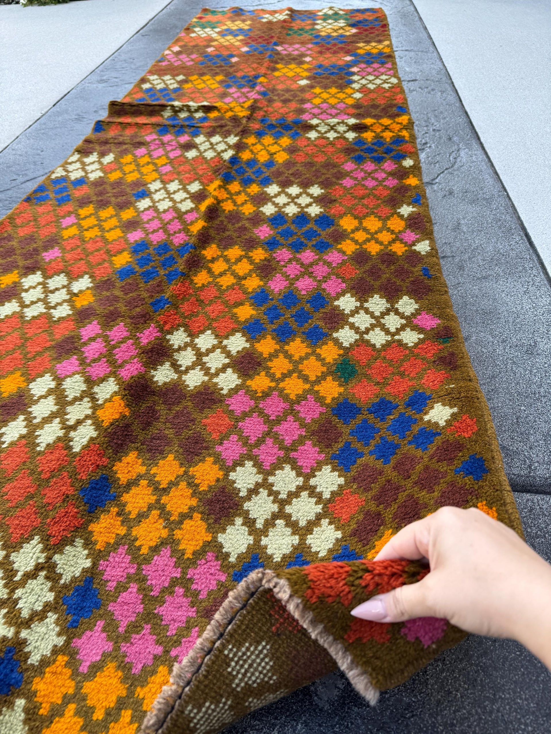 3x10 (90x305) Handmade Vintage Afghan Baluch Runner Rug | Chocolate Coffee Brown Mint Green Burnt Orange Blue Rose Pink | Wool Flatwoven