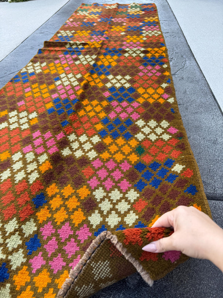 3x10 (90x305) Handmade Vintage Afghan Baluch Runner Rug | Chocolate Coffee Brown Mint Green Burnt Orange Blue Rose Pink | Wool Flatwoven