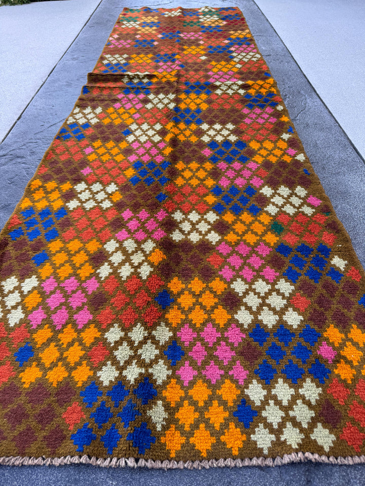 3x10 (90x305) Handmade Vintage Afghan Baluch Runner Rug | Chocolate Coffee Brown Mint Green Burnt Orange Blue Rose Pink | Wool Flatwoven