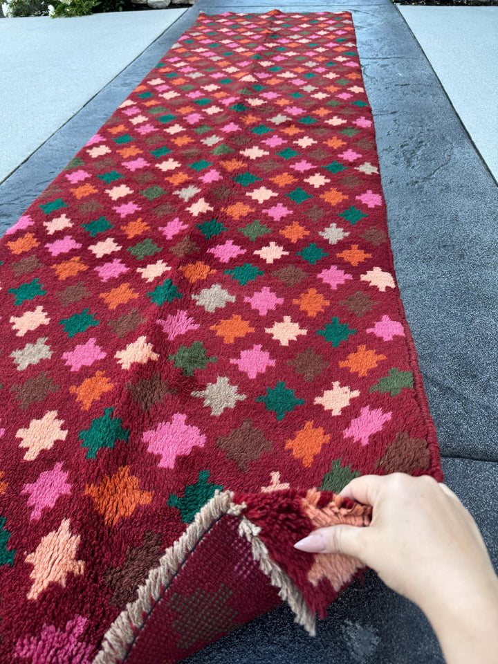 3x10 (90x305) Handmade Vintage Afghan Baluch Runner Rug | Brick Red Burnt Orange Rose Salmon Pink Chocolate Brown Grey Forest Moss Green