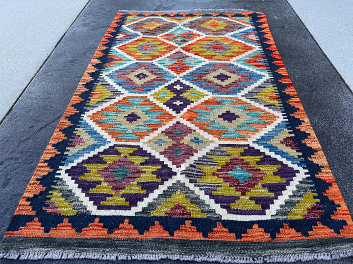 3x4 Handmade Afghan Kilim Rug | Navy Burnt Orange Rust Red Cream White Mustard Yellow Olive Green Teal Aqua Blue Purple Grey | Flatwoven