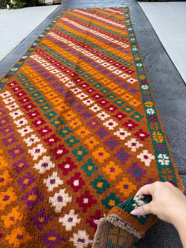 3x10 (90x305) Handmade Vintage Afghan Baluch Runner Rug | Copper Brown Burnt Orange Brick Red Cream White Forest Green Eggplant Purple