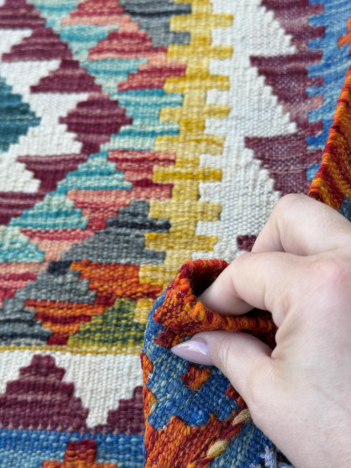 3x5 (91x152) Handmade Afghan Kilim Rug | Rust Red Burnt Orange Cream White Mustard Yellow Olive Green Teal Aqua Blue Navy Purple Grey | Wool