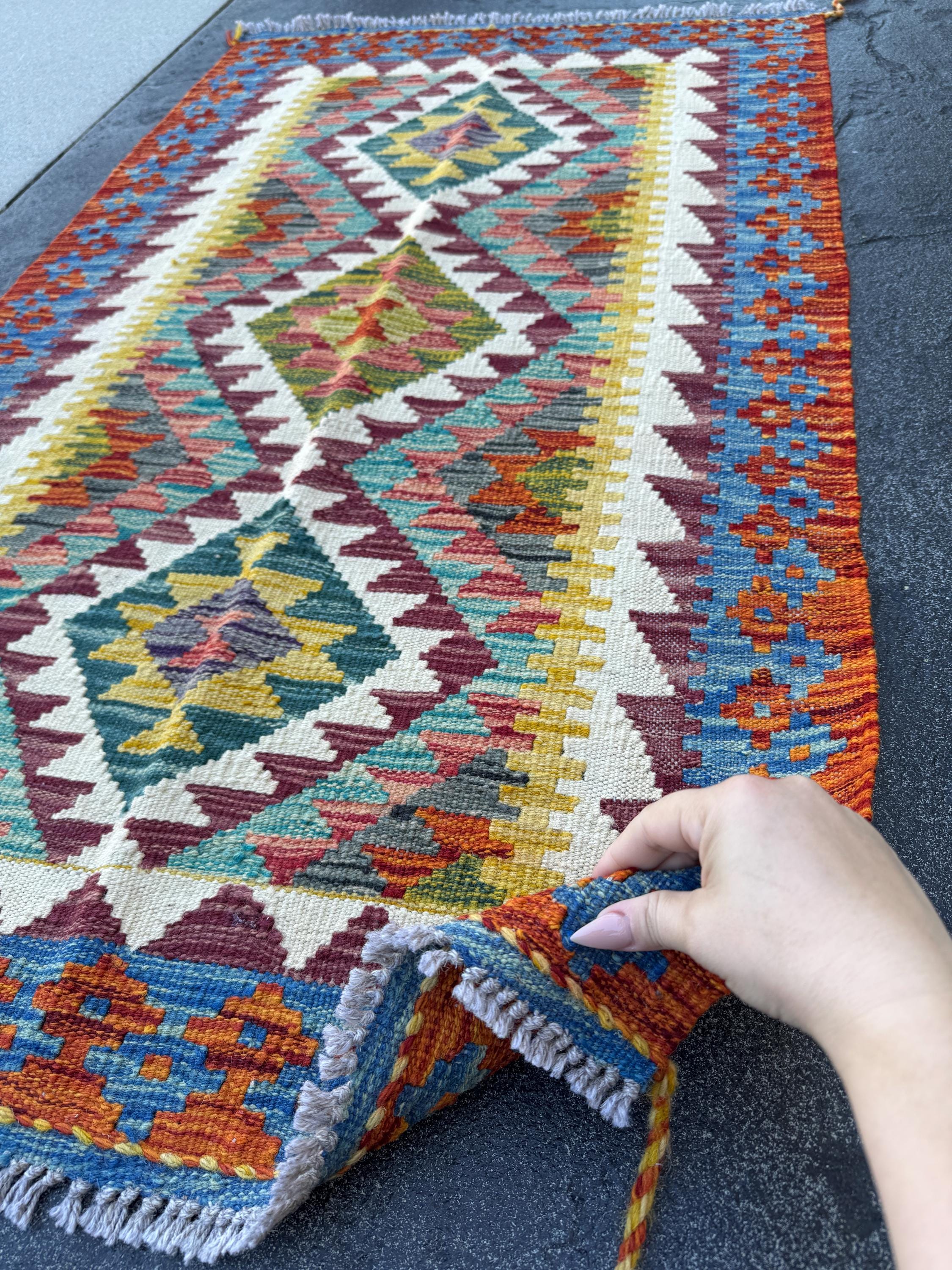 3x5 (91x152) Handmade Afghan Kilim Rug | Rust Red Burnt Orange Cream White Mustard Yellow Olive Green Teal Aqua Blue Navy Purple Grey | Wool