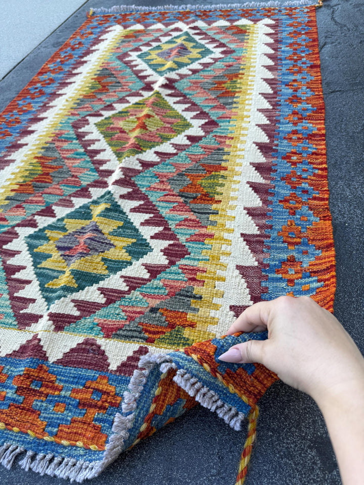 3x5 (91x152) Handmade Afghan Kilim Rug | Rust Red Burnt Orange Cream White Mustard Yellow Olive Green Teal Aqua Blue Navy Purple Grey | Wool