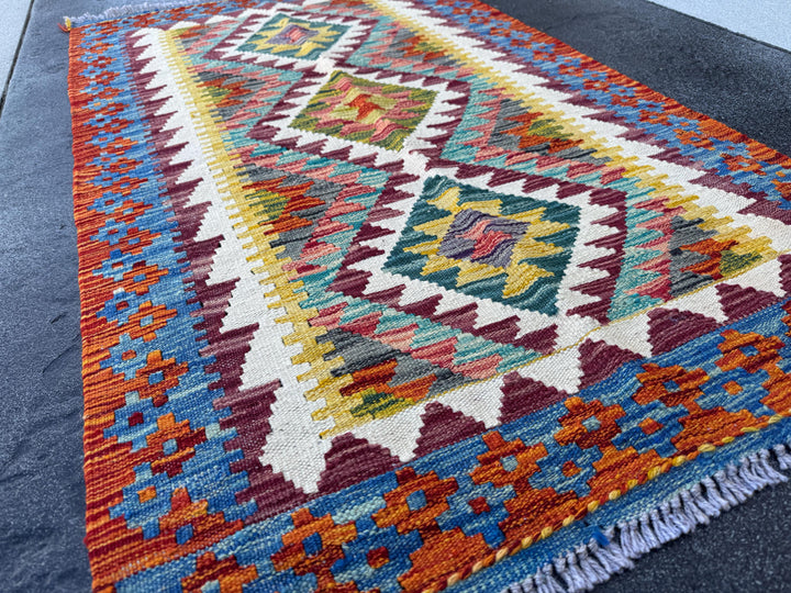 3x5 (91x152) Handmade Afghan Kilim Rug | Rust Red Burnt Orange Cream White Mustard Yellow Olive Green Teal Aqua Blue Navy Purple Grey | Wool