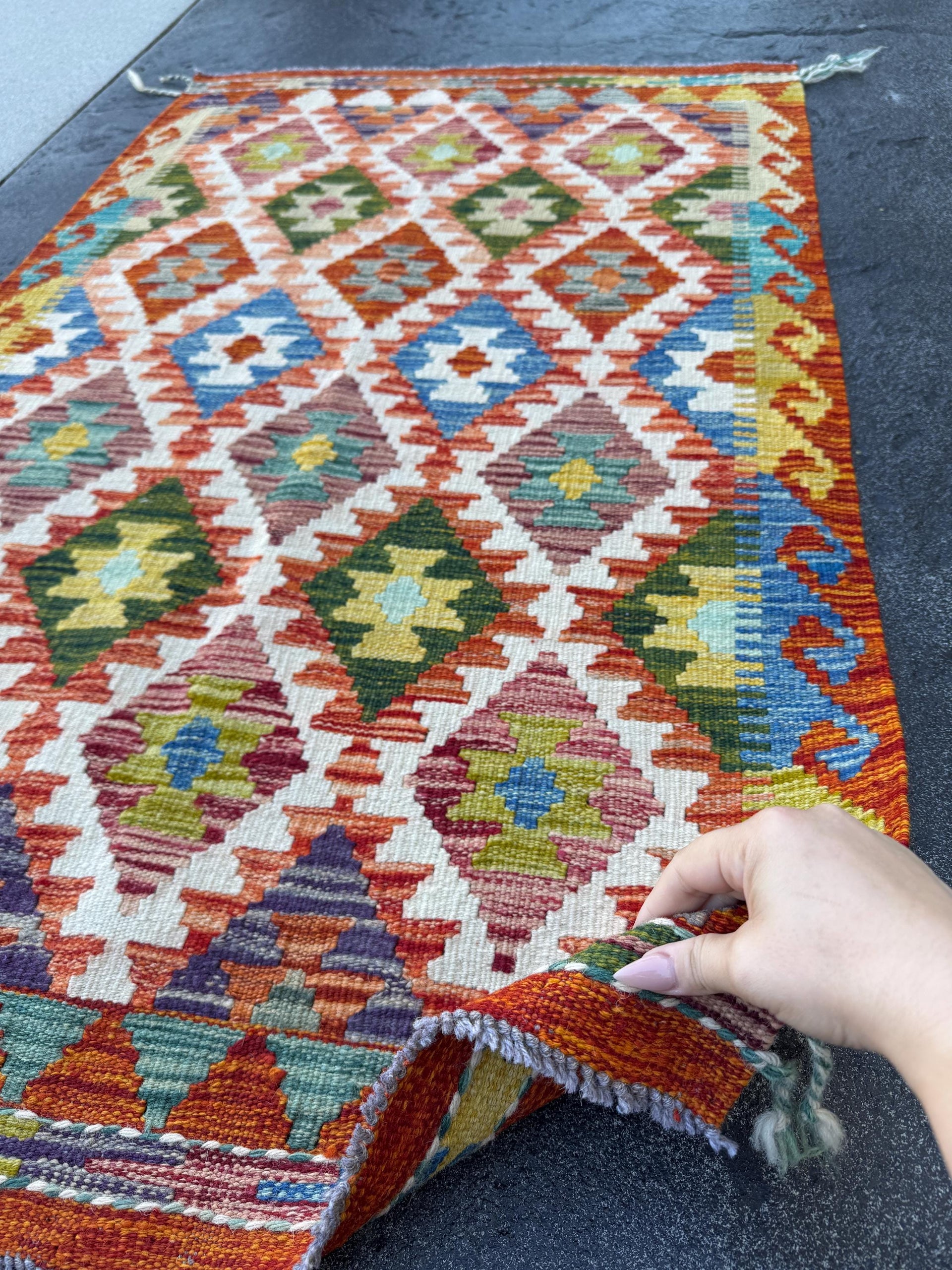 3x5 (91x152) Handmade Afghan Kilim Rug | Rust Red Burnt Orange Cream White Mustard Yellow Olive Green Teal Aqua Blue Navy Purple Grey | Wool