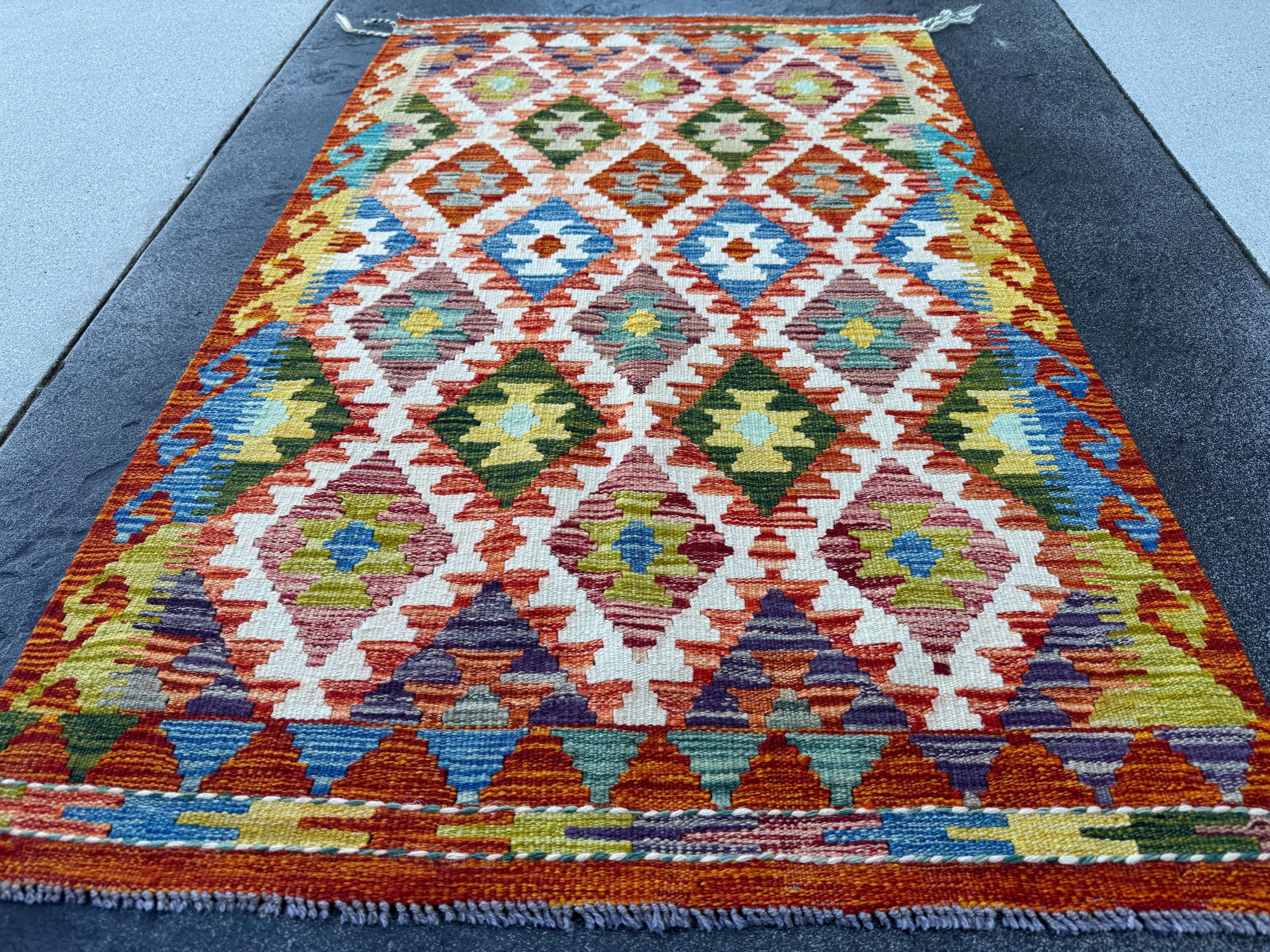3x5 (91x152) Handmade Afghan Kilim Rug | Rust Red Burnt Orange Cream White Mustard Yellow Olive Green Teal Aqua Blue Navy Purple Grey | Wool