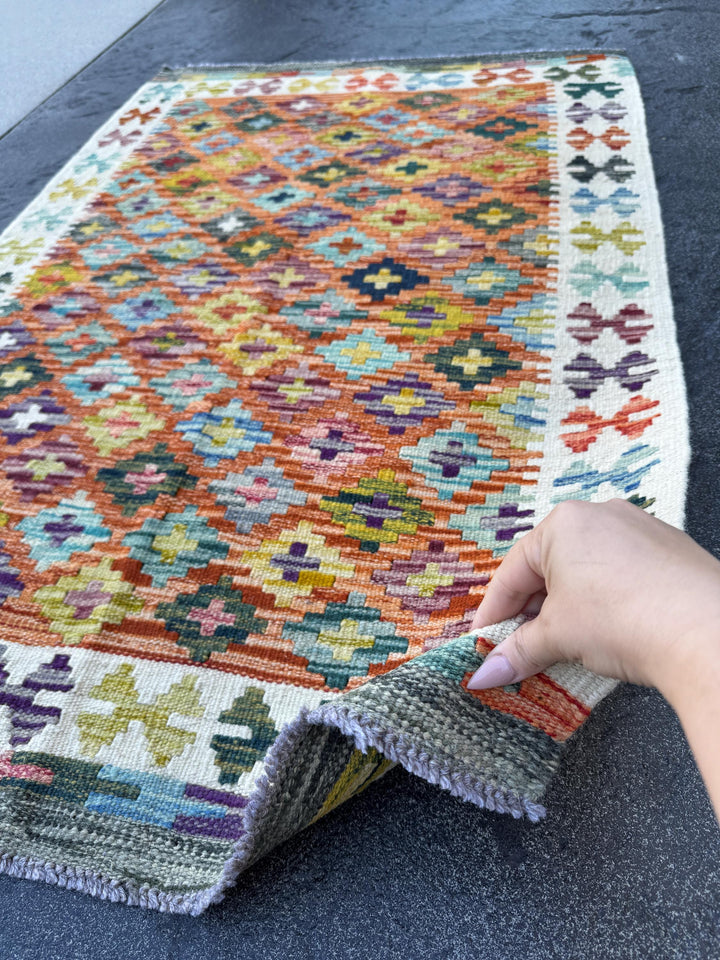3x4 Handmade Afghan Kilim Rug | Burnt Orange Rust Red Cream White Mustard Yellow Olive Green Teal Aqua Blue Navy Purple Grey | Flatwoven